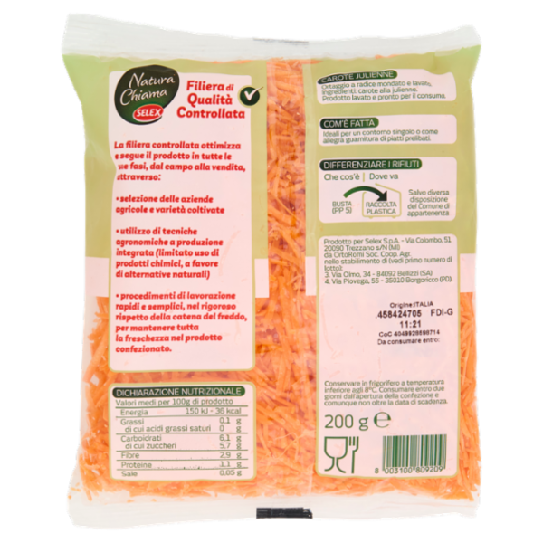 Selex Natura Chiama Carote Julienne Lavate e Pronte per il Consumo 200 g