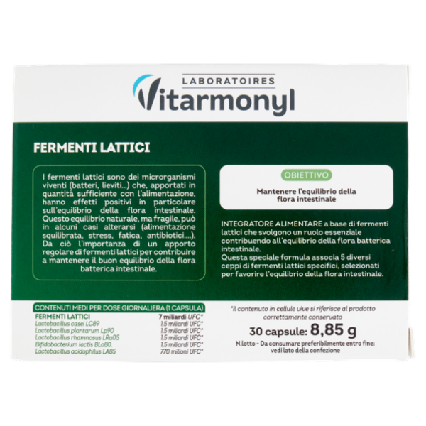 Laboratoires Vitarmonyl Fermenti Lattici Equilibrio flora intestinale 30 Capsule 8,85 g