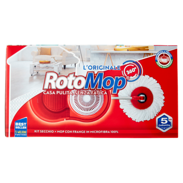 Super5 RotoMop 360° Kit Secchio + Mop con Frange in Microfibra 100%