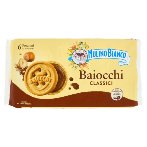 Mulino Bianco Baiocchi Biscotti Snack Farciti con Crema alla Nocciola e Cacao 336g