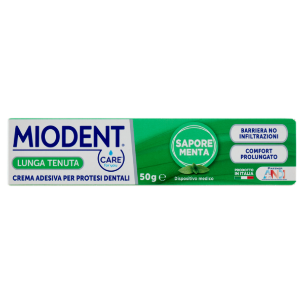 Miodent Care for you Lunga Tenuta Crema Adesiva per Protesi Dentali Sapore Menta 50 g