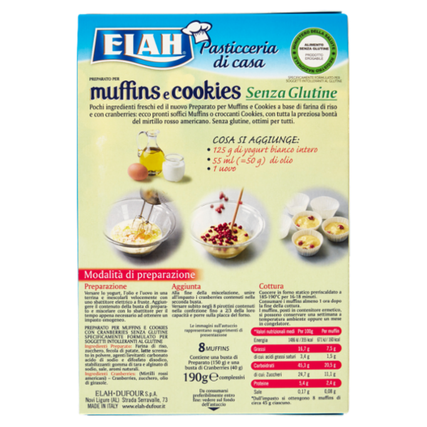 Elah Senza Glutine Preparato per muffins e cookies con cranberries 190 g