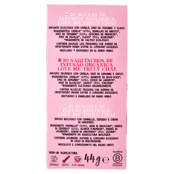 CUPPER Love Me Truly Chai Infuso Biologico con Cannella, Zenzero e Cardamomo, 20 Bustine 44 g