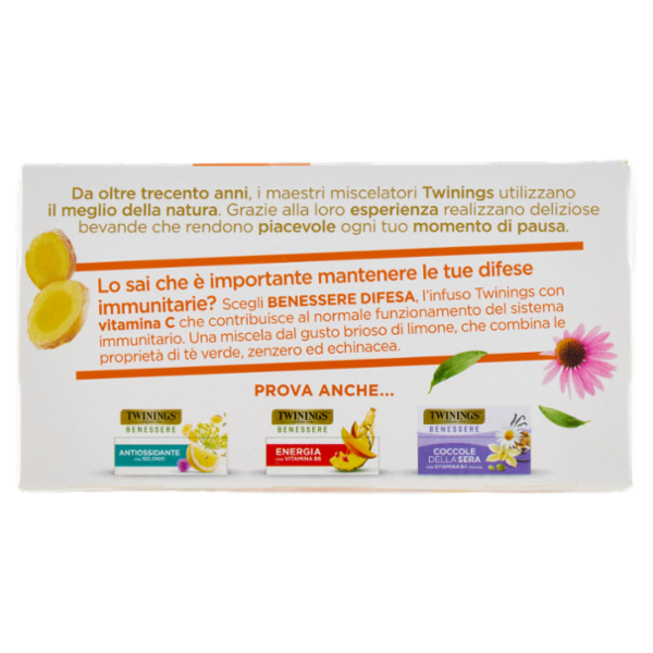 Twinings Benessere Difesa con Tè Verde, Zenzero ed Echinacea Aromatizzati Limone 18 x 2 g