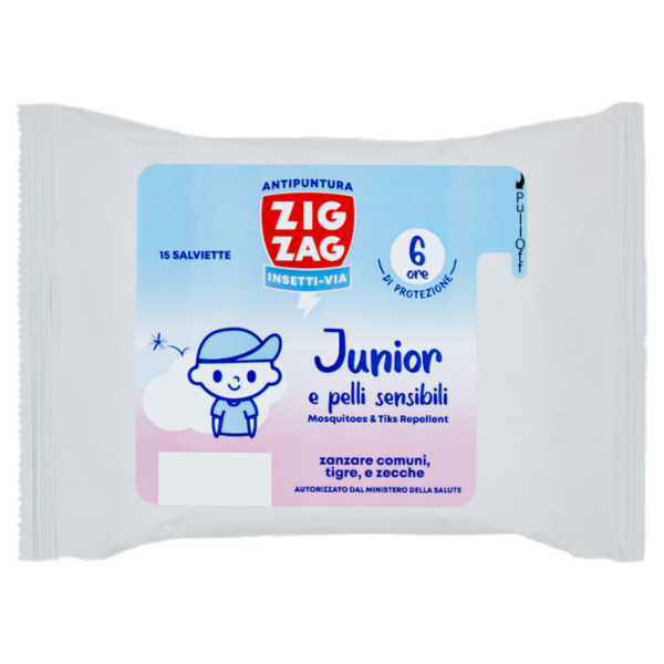 Zig Zag Insetti-Via Antipuntura Junior e pelli sensibili Mosquitoes & Tiks Repellent Salviette 15 pz