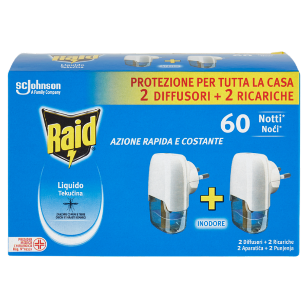 Raid Liquido Elettrico Antizanzare, Inodore, 60 Notti, 2 Diffusori e 2 Ricariche