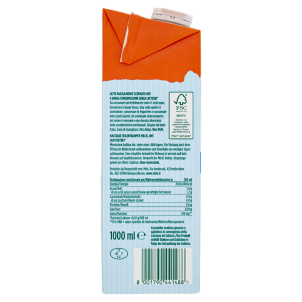 mila Senza Lattosio* Latte di montagna UHT parzialmente scremato 1000 ml