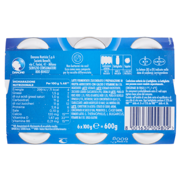 Actimel yogurt da bere arricchito con calcio, vitamina B6 e D, gusto ribes nero e acai 6 x 100 g