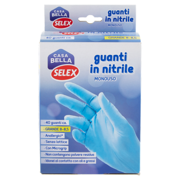 Selex Casa Bella Guanti Monouso in Nitrile Misura Grande (8-8,5) Dispenser 40 pezzi