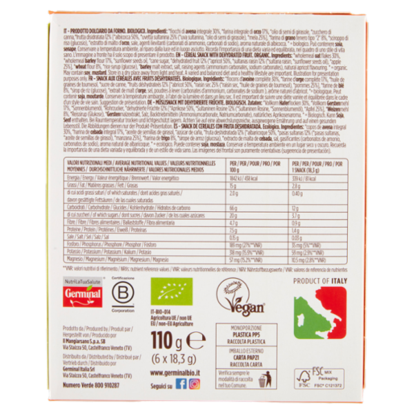 Germinal Bio Snack Cereali Fiocchi e Frutta 6 x 18,3 g