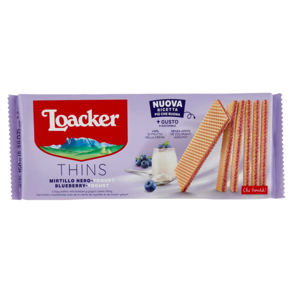Loacker Wafer Thins Mirtillo Nero Yogurt con crema ai mirtilli neri e al gusto di yogurt wafers 150g