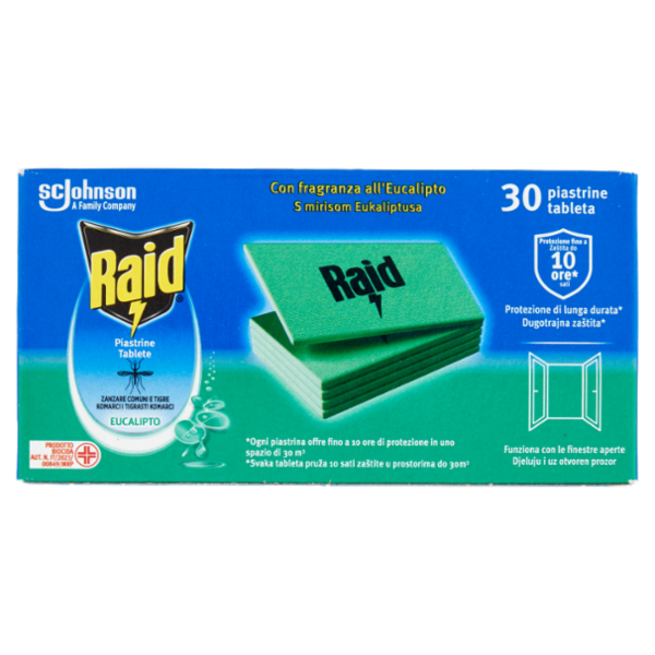 Raid Piastrine Antizanzare Comuni e Tigre, Azione prolungata, Eucalipto Ricarica 30 pezzi