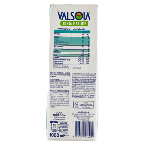 Valsoia Bontà e Salute Soia Drink Zero Zuccheri Frigo 1000 ml