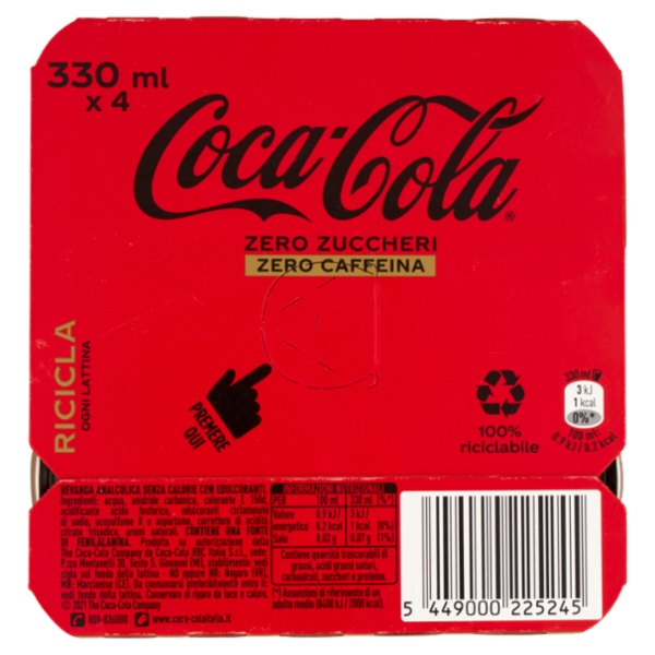 COCA-COLA Zero Zuccheri Senza Caffeina Lattina 4 x 330 ml