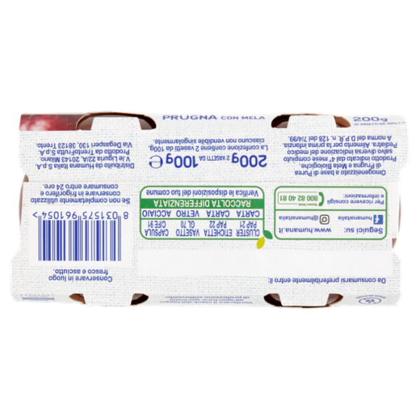 Humana Omogeneizzato Biologico Prugna con Mela 2 x 100 g