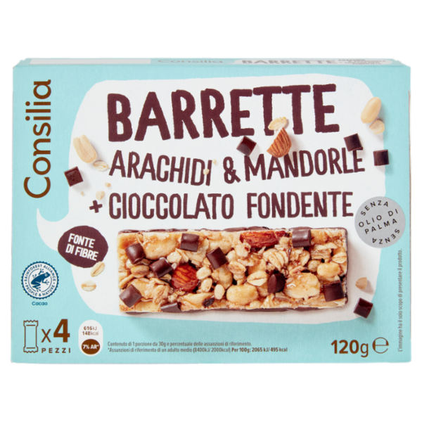 Consilia Barrette di Cereali con Arachidi, Mandorle e Cioccolato Fondente 4x30 g
