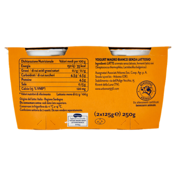 Arborea Ad Alta digeribilità Yogurt Bianco Senza Lattosio zero grassi 2 x 125 g