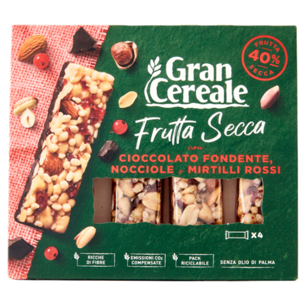 Gran Cereale Barrette di Cereali Frutta Secca Cioccolato Fondente e Mirtilli Rossi 120 g