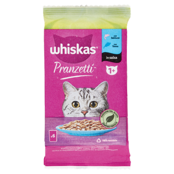 Whiskas Pranzetti Cibo Umido Gatto con Salmone e Tonno in Salsa 6 x 50 g