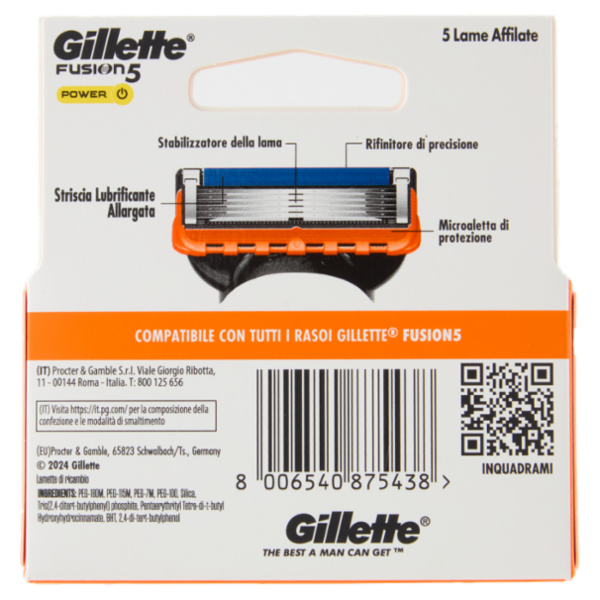 Gillette Fusion5 Power Lamette di ricambio per Rasoio da Uomo, 4 Ricariche